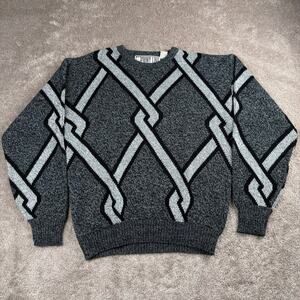 Vtg Front Line Grey Black Abstract Geometric Knit Sweater Size L 90s